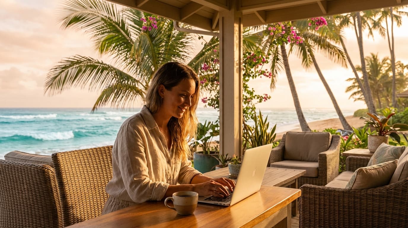 Host working from a tropical beachside patio
